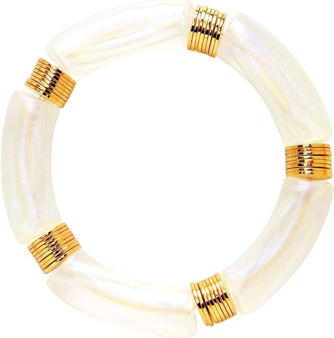 GOOJIDS Women's 14K Brass Bracelet, Bamboo Tube Chunky Curved Stacking Clear Acrylic Colorful Bea... | Amazon (US)