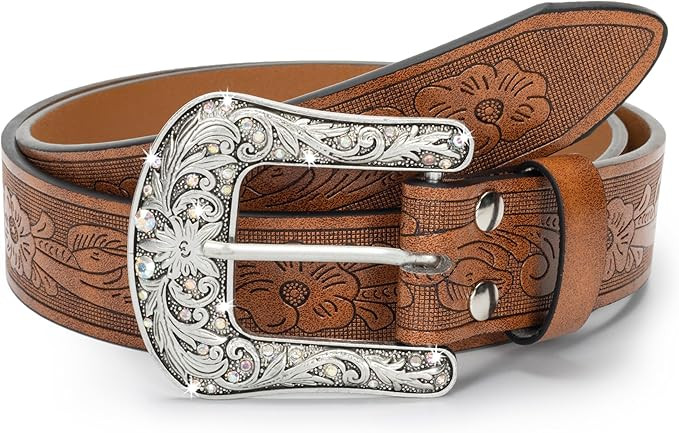 Western-Belt-for-Women-Cowgirl, PU-Leather-Waist-Belts with Vintage-Carved-Buckle and Tips-Ends f... | Amazon (US)