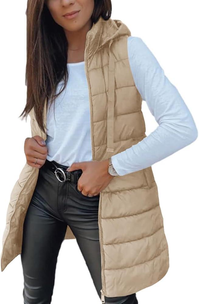 Veatzaer Women Long Vest Solid Color Sleeveless Hood Winter Puffer Vest Outwear | Amazon (US)