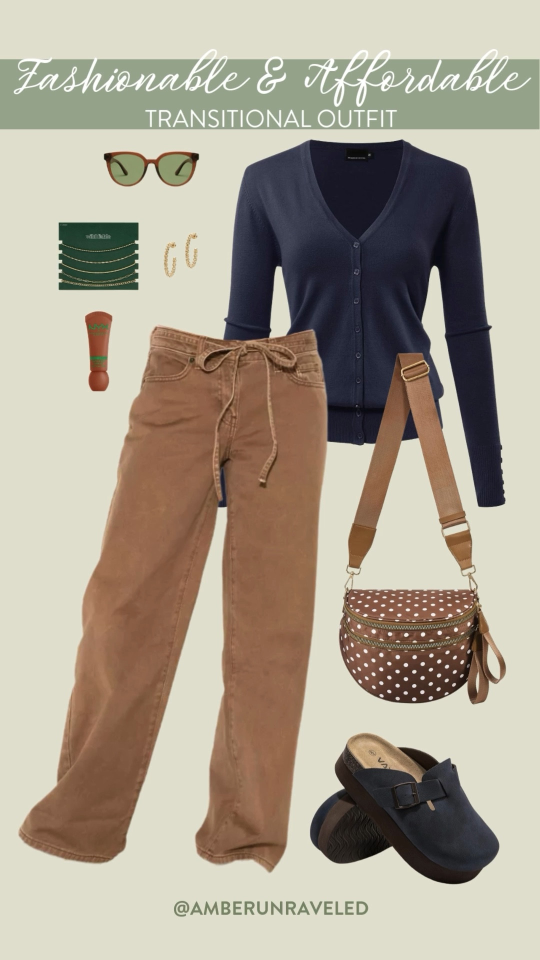 Putting together a fashionable transitional outfit without spending a fortune with these brown low-rise baggy jeans, v-neck cardigan top, comfy clogs, and a polka-dot crossbody bag!
Street wear, WFM Mom look, errands day, everyday style, weekend vibes

#LTKStyleTip #LTKSeasonal #LTKU