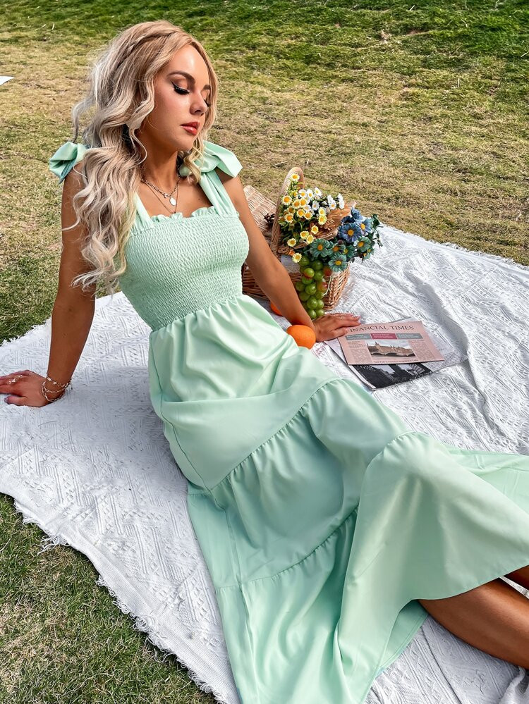 Tie Shoulder Shirred Ruffle Hem Cami Dress | SHEIN