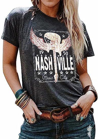 Nashville Shirts for Women Vintage Guitar Wings Graphic Tees Tennessee Concert Tshirt Country Mus... | Amazon (US)