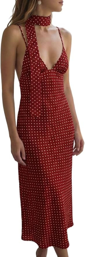 SISKIN Spaghetti Strap V Neck Polka Dot Dress for Women Backless High Waist Chiffon Maxi Gown | Amazon (US)