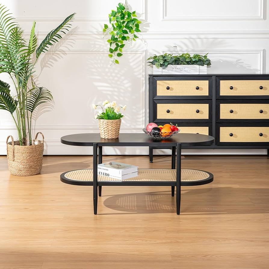 Comfy to go Oval Rattan Coffee Table Mid Century Modern Engineered Wood Living Room Table Black C... | Amazon (US)