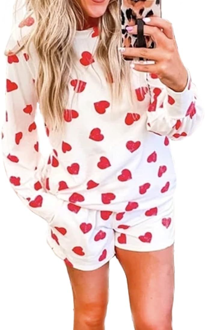 SECETKET Womens Pajamas Set Heart Print Top with Sleep Shorts Suit 2 Piece Sleepwear Pj Sets Comf... | Amazon (US)