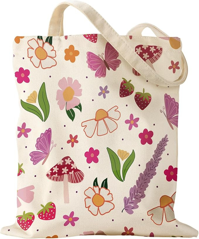 Aesthetic Canvas Tote Bag for Women - Sturdy Cloth Cotton Totes Bag with Pattern Shoulder Bag | Amazon (US)