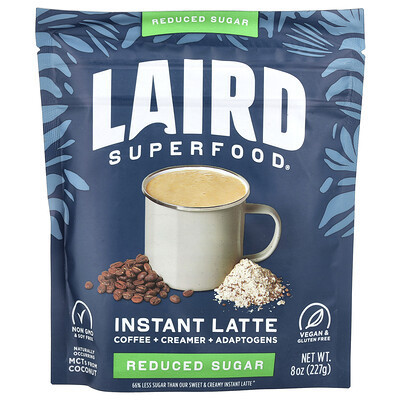 Laird Superfood, Instant Latte, Coffee + Creamer + Adaptogens, Reduced Sugar, 8 oz (227 g) | iHerb