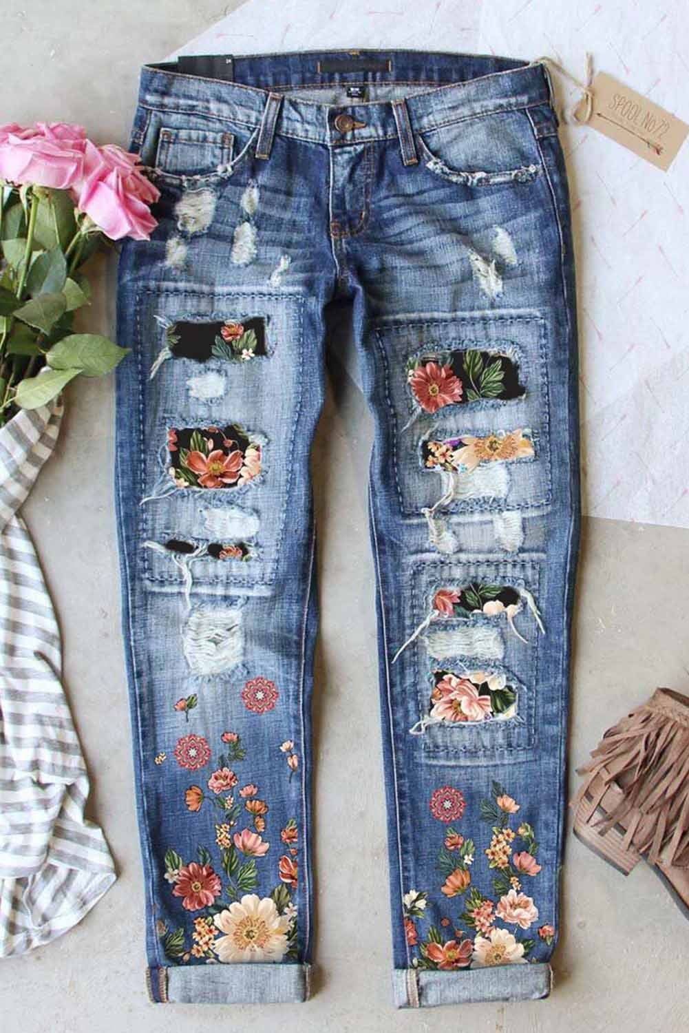FARYSAYS Tummy Control Jeans for Women's Ripped Boyfriend Jeans Distressed Stretch Floral Patches... | Walmart (US)
