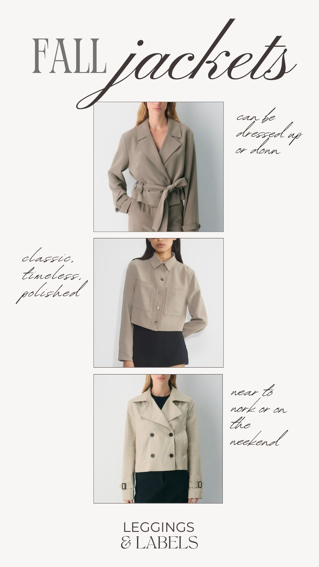 Light jackets for Fall that can be dressed up or down for work or weekends. 

---

fall jacket, light jacket, cropped jacket, short jacket, taupe jacket, beige jacket, short trench, classic jackets, aritzia, casual jacket, office jacket, business jacket, work jacket, office outfit, casual outfit, styled outfit  

 #LTKworkwear #LTKstyletip