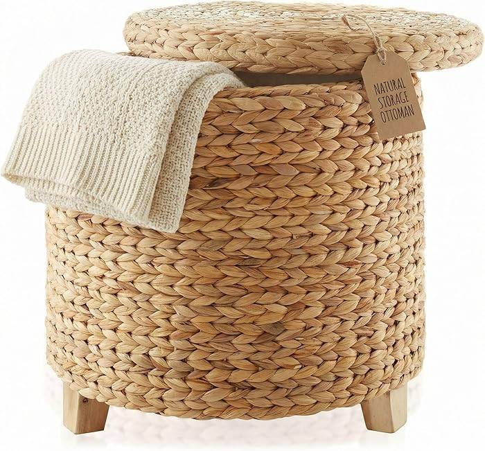 DEILSY™ Natural Water Hyacinth Round Storage Ottoman with Removable Lid, Fabric Liner & Wooden ... | Amazon (US)