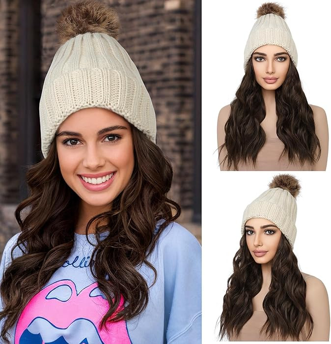REECHO Beanie Hat Wig, Women's Warm Knitted Beanie Hat with 12" Chocolate Brown Hair Extension, B... | Amazon (US)