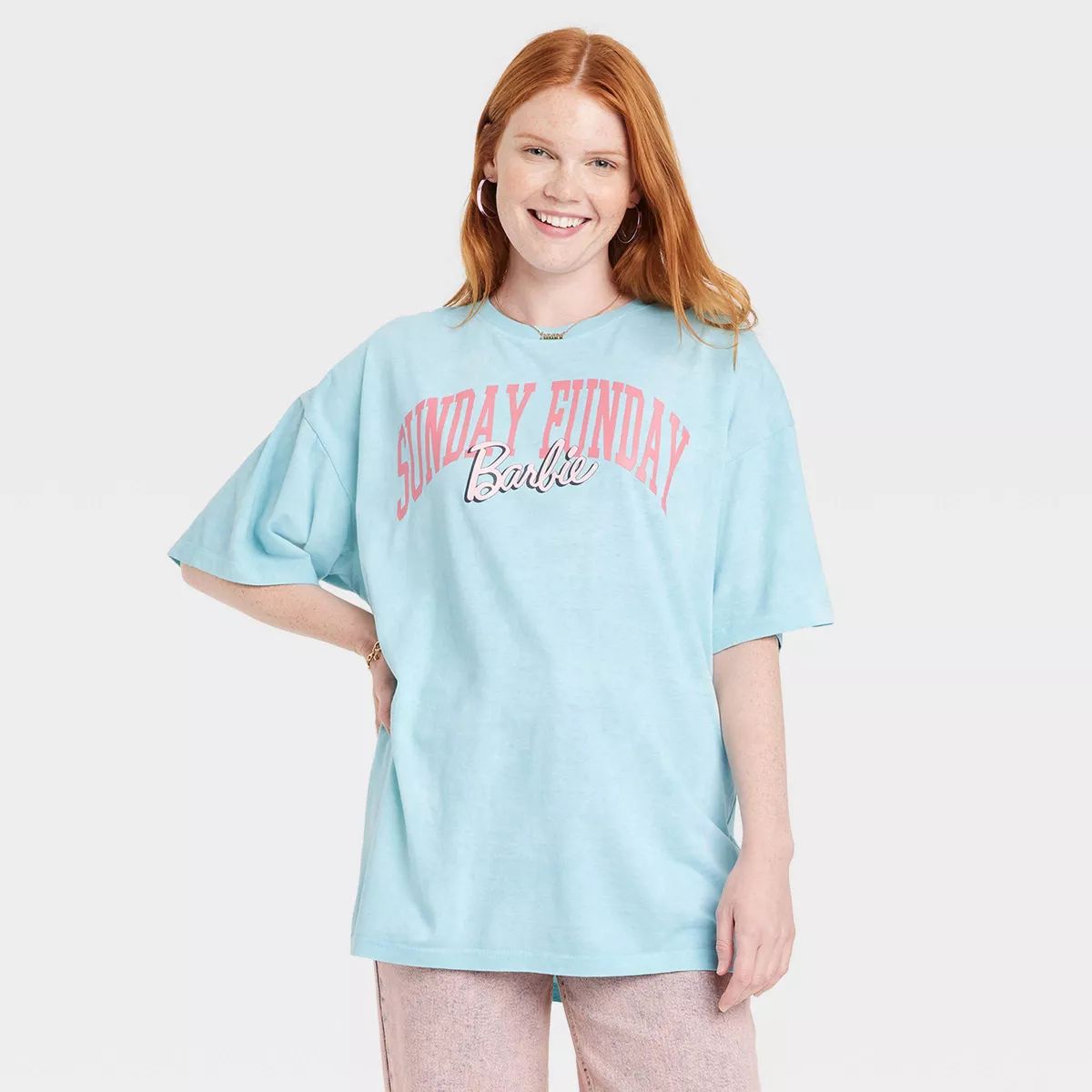 Women's Barbie Sunday Funday Oversized Short Sleeve Graphic T-Shirt - Blue | Target