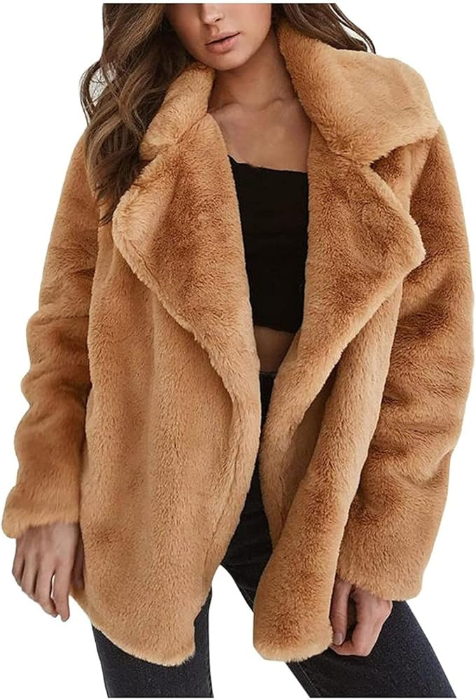 Tbaok Women's 2022 Fashion Winter Coat Long Sleeve Lapel Zip Up Faux Shearling Shaggy Loose Shacket  | Amazon (US)