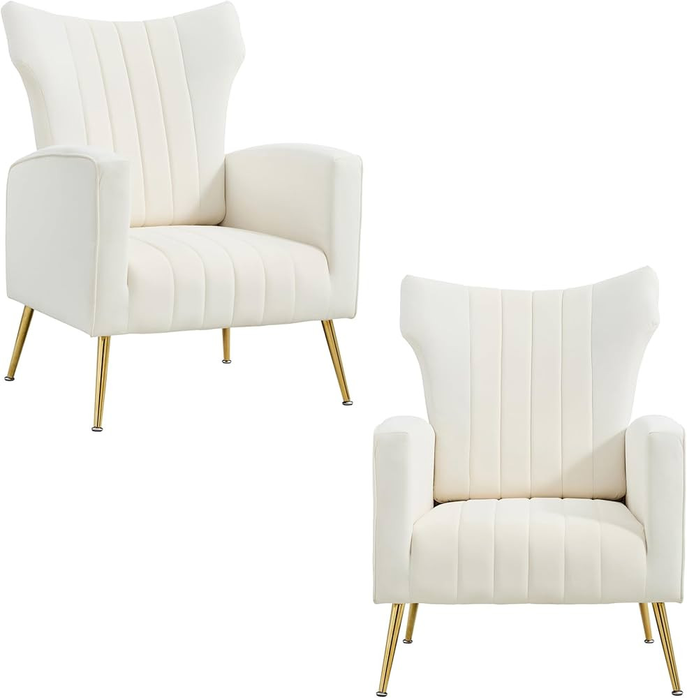 White Accent Chairs Set of 2 for Living Room,Modern Velvet Wingback Chair with Golden Metal Leg,C... | Amazon (US)