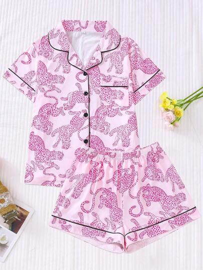 Pink Leopard Print Women's Pajama Set, Comfortable Short Sleeve Button-Up Shirt And Loose Elastic... | SHEIN