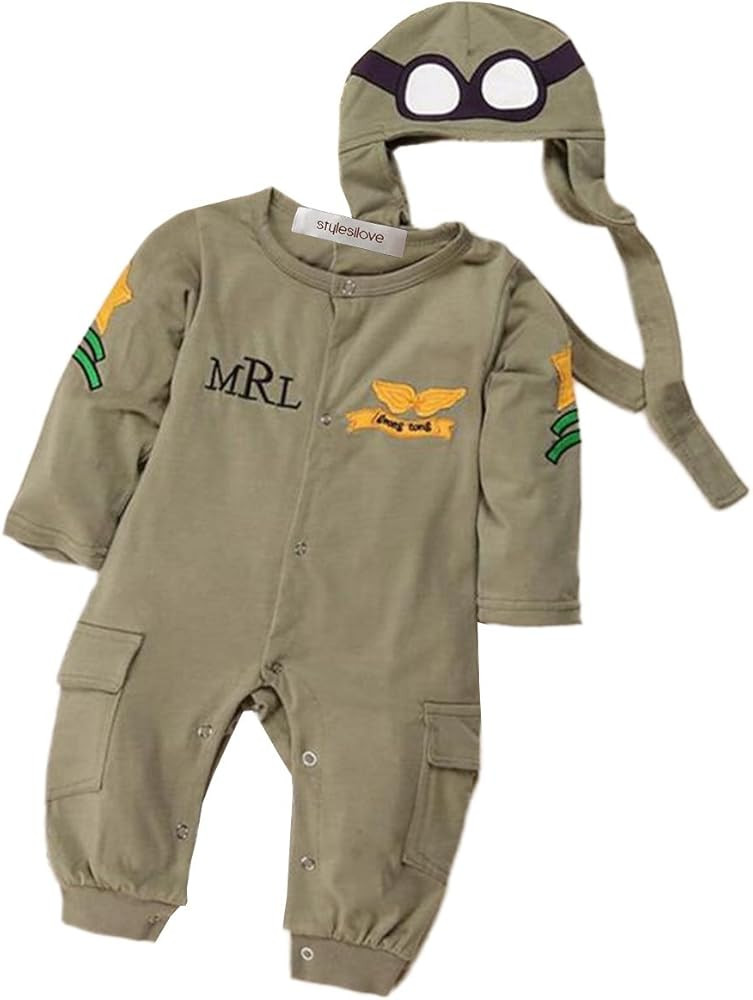 StylesILove Newborn Infant Toddler Baby Boy Army Air Force Baby Jumpsuit Romper and Hat 2-pc Cott... | Amazon (US)