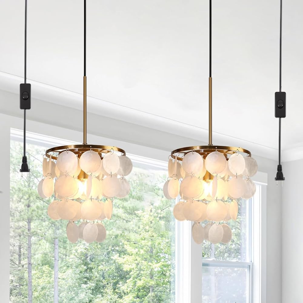2 Pack Pendant Light Fixtures, 1-Light Plug in Capiz Shell Chandeliers with ON/Off Switch for Kit... | Amazon (US)