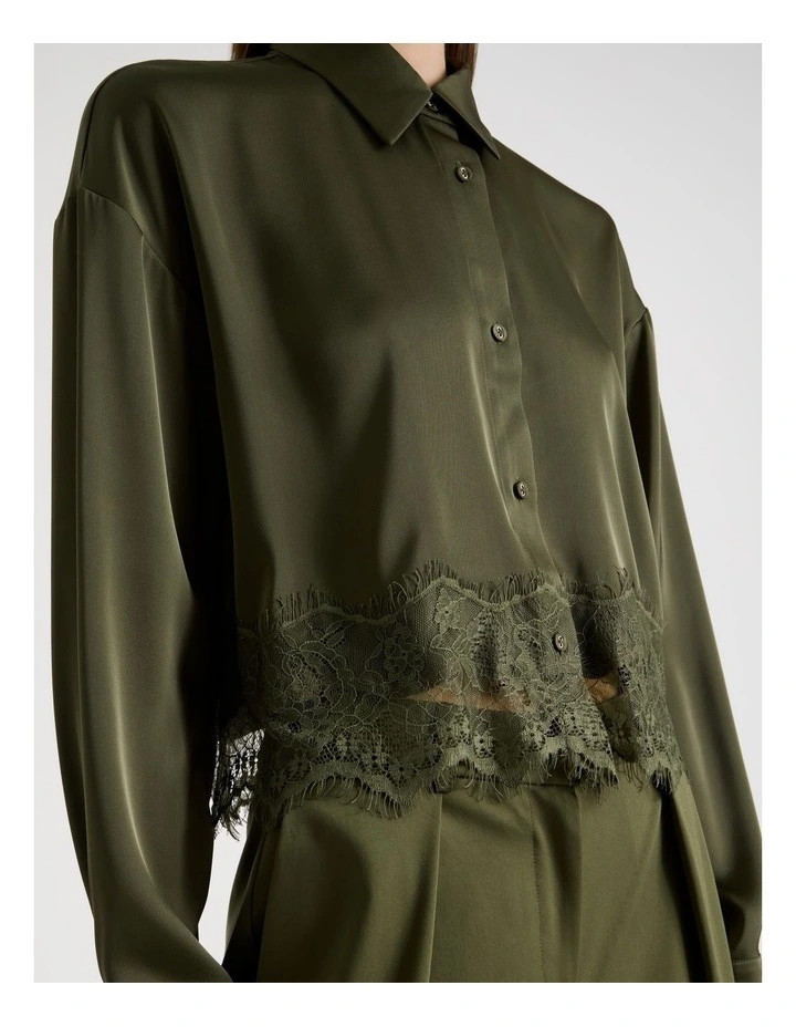BlaqSatin Lace Trim Cropped Shirt in Khaki | Myer