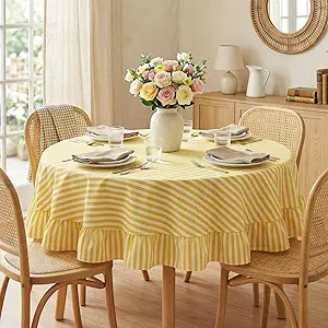 Yellow Striped Ruffled Tablecloth 70 x 70 Inches Cotton Linen Round Striped Table Cloth Classic F... | Amazon (US)