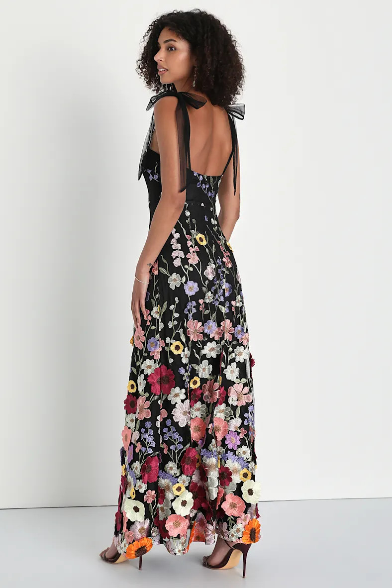 Thriving Poise Black 3D Floral Embroidered Tie-Strap Maxi Dress | Lulus