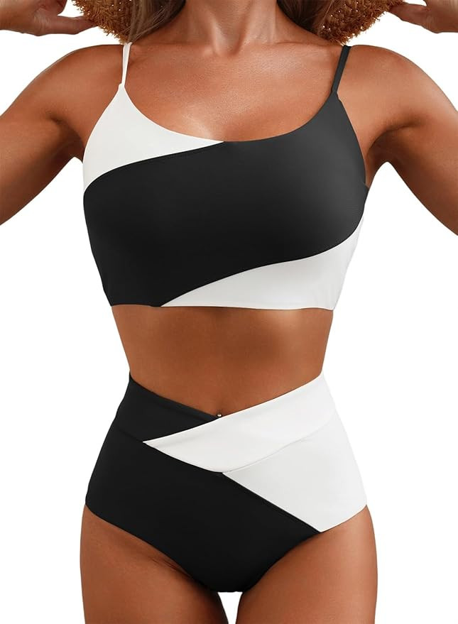 Herseas Women 2 Piece High Waisted Bikini Sets Color Block Popular Swimsuit 2026 Summer Beach Bes... | Amazon (US)