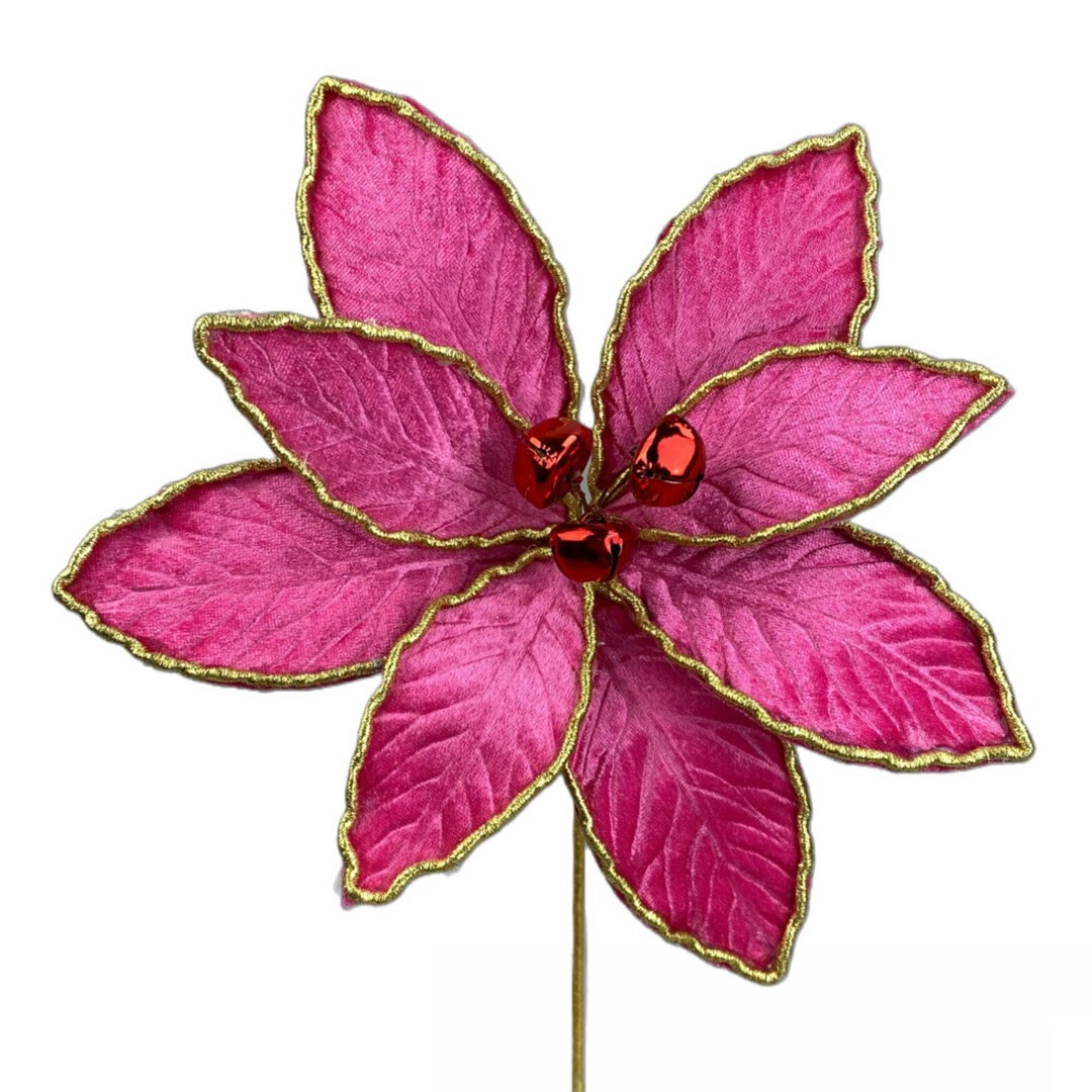 Hot Pink Velvet Poinsettia w/ Metallic Gold Edge Stem H15" x DAI 9" Winter Spray for Wreaths, Cen... | Etsy (US)