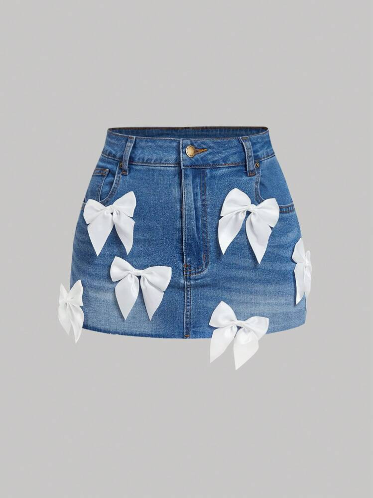 SHEIN MOD Women's Bow Decor Pocket Zipper Closure Sexy Denim Mini Skirt | SHEIN