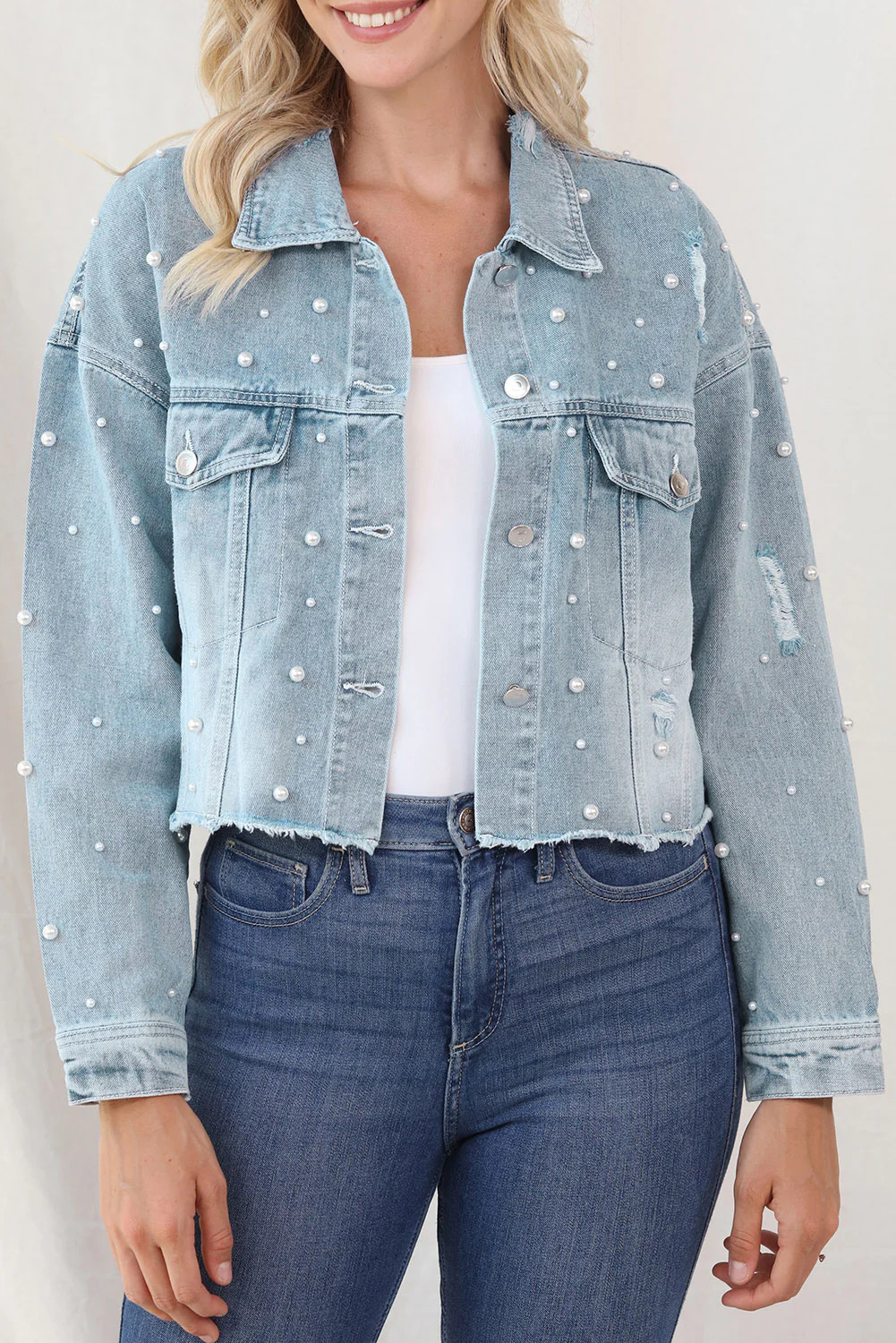 Distressed Pearl Trim Button Up Denim Jacket | Light / S | Casual Chic Boutique