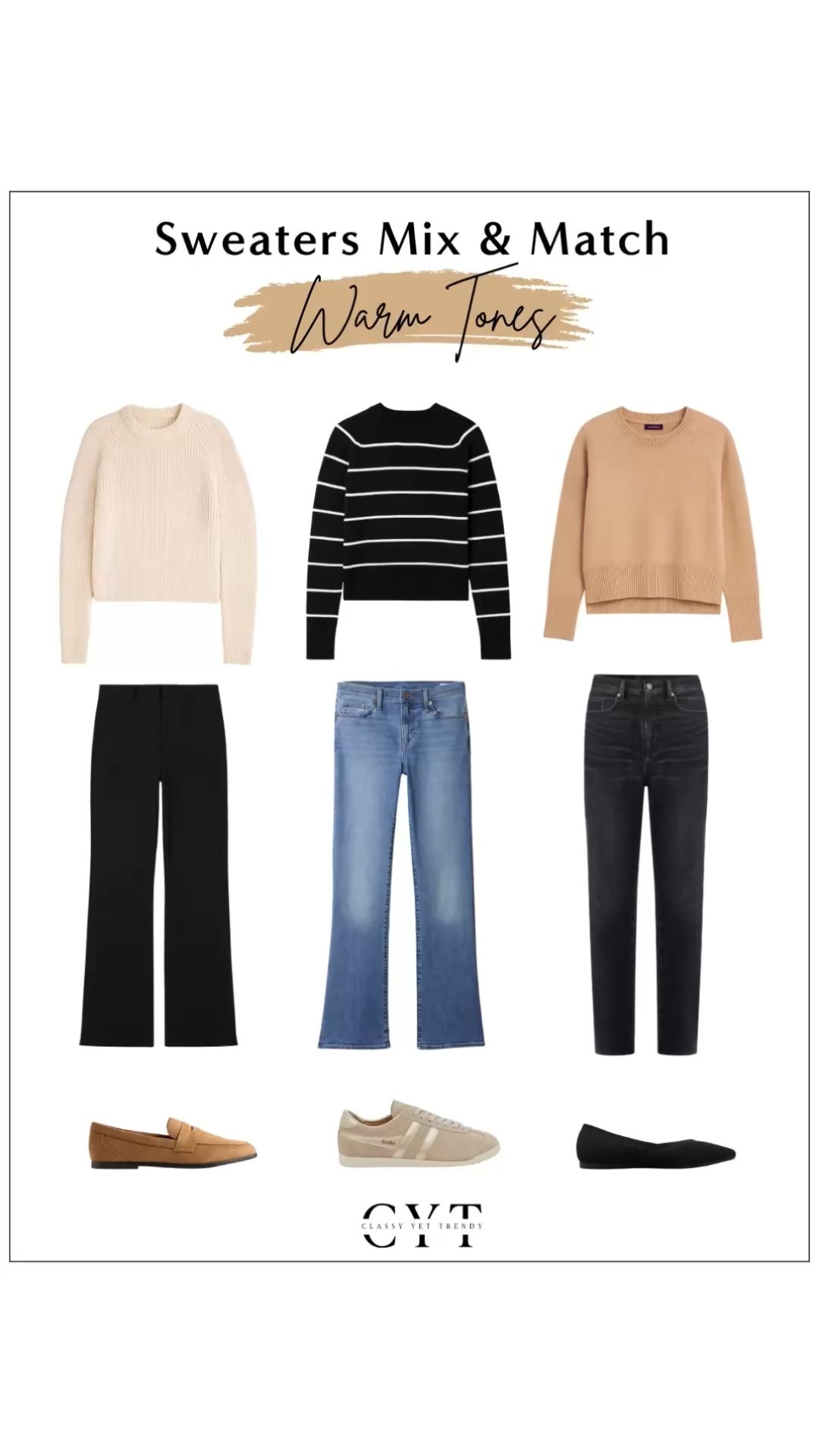 Sweaters mix and match with WARM tones 🍂 These sweaters, bottoms and shoes can make several outfit combinations ✔️ Which ones are your favorites?

crewneck sweater, v-neck sweater, stripe sweater, camel, jeans, black, sneakers, loafers, ballet flats

#capsulewardrobe  #smartcasual #amazonfashion #founditonamazon #affordablestyle #affordablefashion #falloutfits