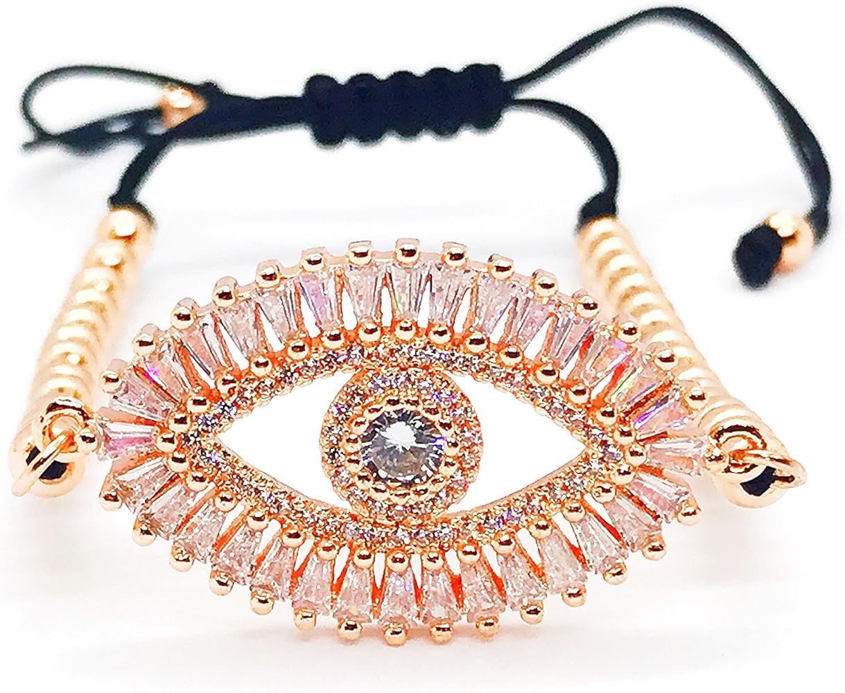 LESLIE BOULES Amazing Big Evil Eye String Bracelet 18K Rose Gold Plated Balls Chain | Amazon (US)