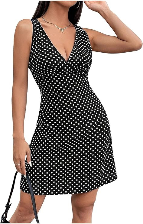 Women's Polka Dots V Neck Tank Dress Sleeveless Summer A Line Dresses Sexy Mini Dress | Amazon (US)