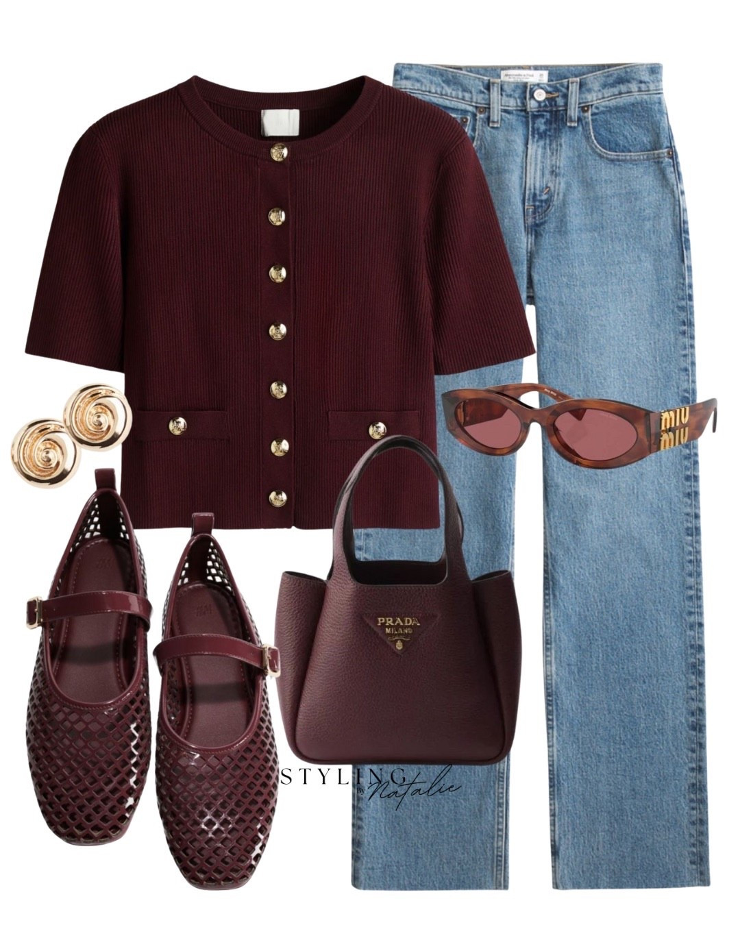 Burgundy shirt sleeve cardigan with gold buttons, high waist straight jeans, burgundy open work  Mary Jane ballet flats, Miu Miu sunglasses, Prada bag & gold earrings. Casual chic, street style, work wear, transitional outfit, pre fall, Kate summer look 

#LTKstyletip #LTKuk #LTKeurope