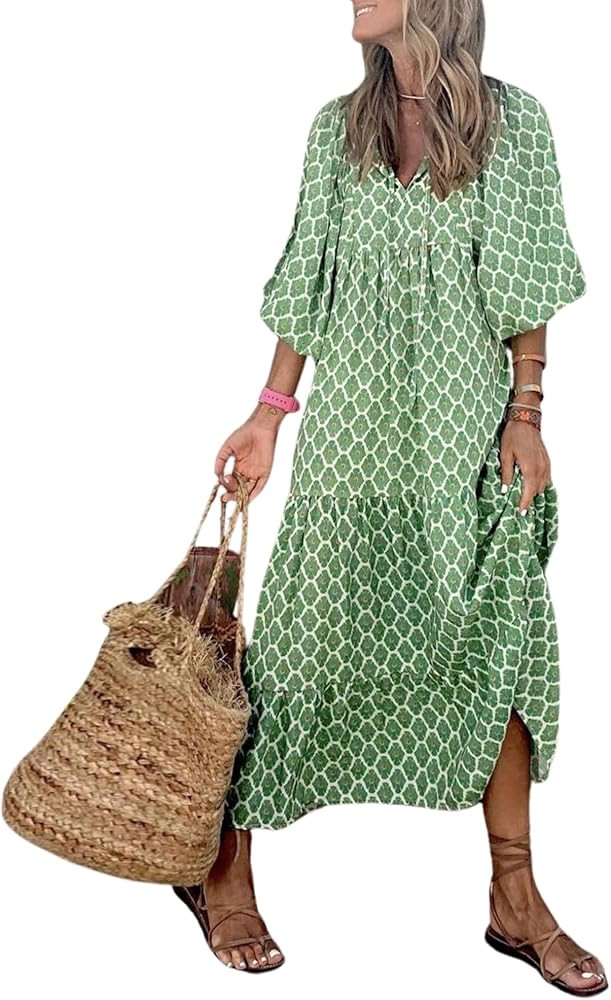 Womens Floral Print Puff Sleeve Maxi Dress 2023 Fall Oversized Casual Flowy Ruffle Streaks Patter... | Amazon (US)