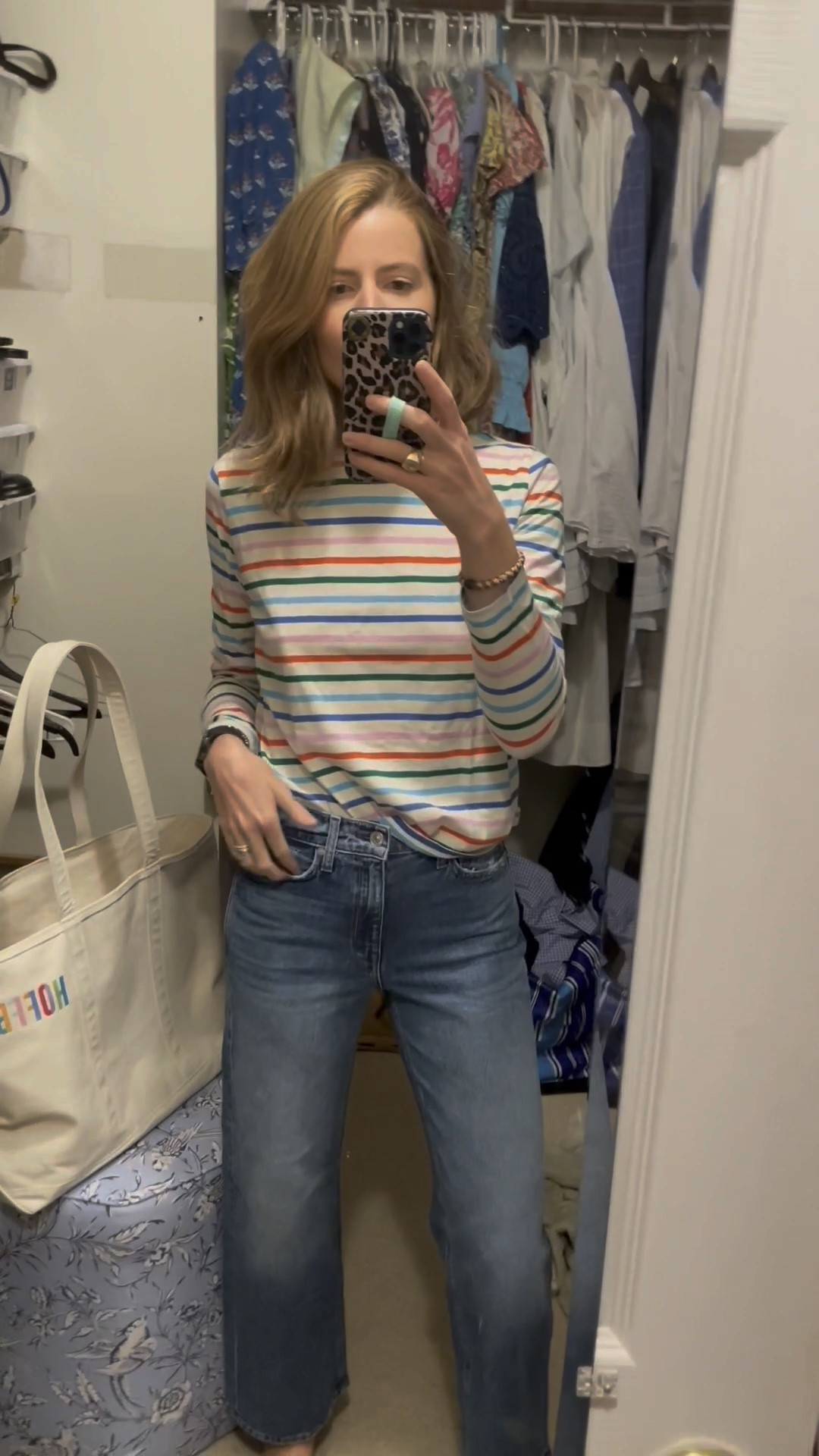 Loving these new Kule tees!! Stripe tee size small, blue tee size medium (runs small!). Blue jeans size 26, green pants size 25. Rainbow boat tote by @Bobinettedesigns on IG !! 

#LTKitbag #LTKSeasonal #LTKFind