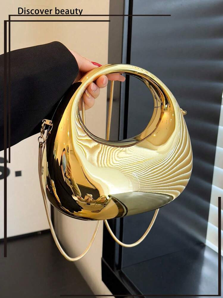 1pc New Arrival Golden Acrylic Clutch Bag,Fashionable Personalized Handbag For Evening Party With Light Silver Color Moon Shaped Glittering Surface,Detachable Metallic Chain Strap For Crossbody Wearing,Trendy Gift For Fashionable Ladies,Futuristic Metallic-Colored Purse, Funky, Punk & Bag For Street Wear | SHEIN