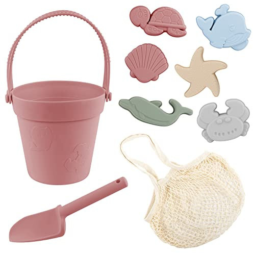 9Pcs Silicone Beach Toys for Baby Girls with Portable Beach Bag - Toddler Beach Set with Sand Toy Molds Shovel Bucket Set, Sand Toys Sandbox Toys for Kids Outdoor Summer Playset, Pink | Amazon (US)