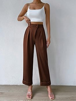 SweatyRocks Elegantes pantalones plisados de pierna ancha con dobladillo enrollable y cintura alt... | Amazon (US)