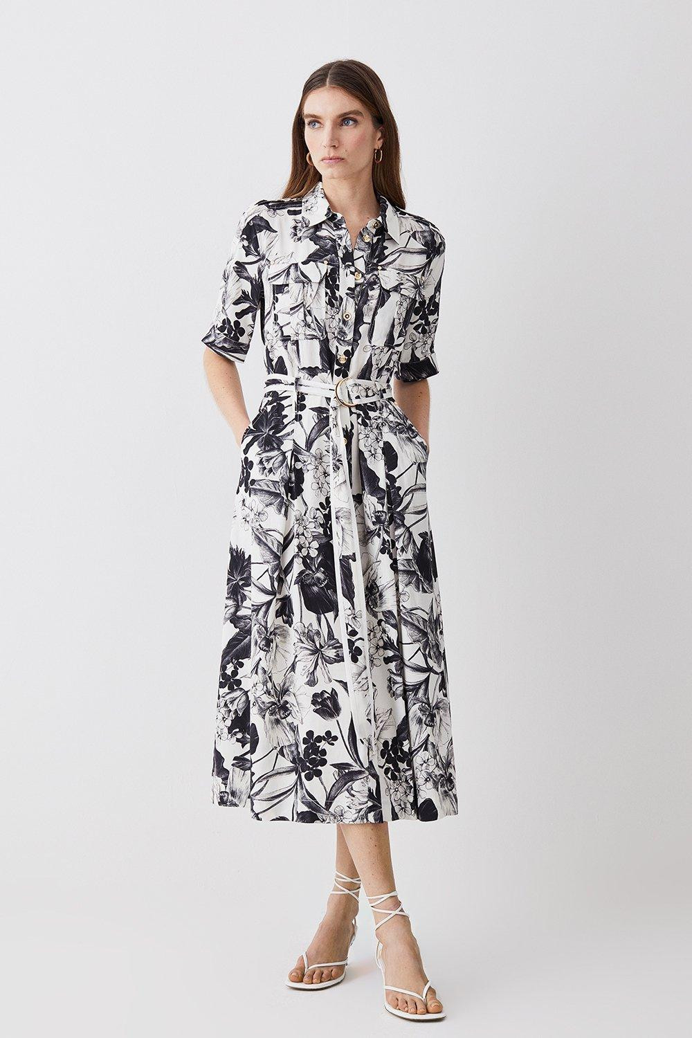 Petite Floral Batik Premium Linen Woven Shirt Dress | Karen Millen AUS