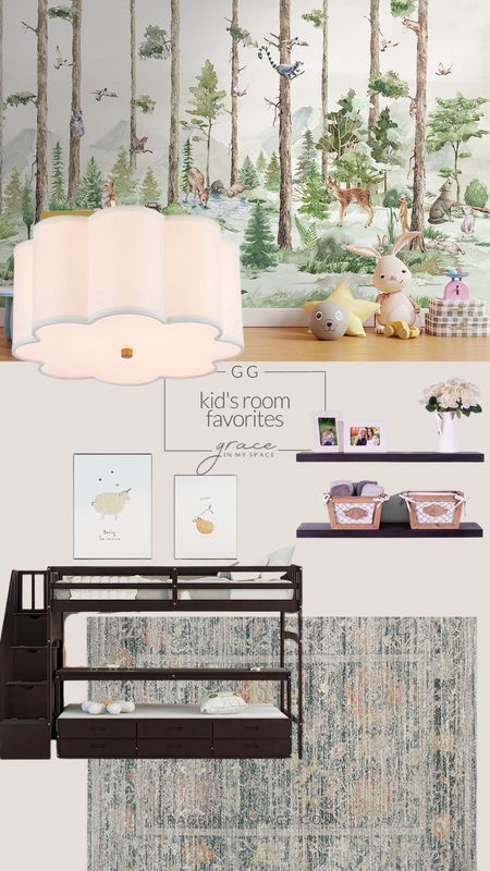 Adorable kid’s room mood board! I love this beautiful mural and scalloped light. Perfect to go with this Loloi area rug and bunk beds  

#LTKfamily #LTKhome #LTKbaby