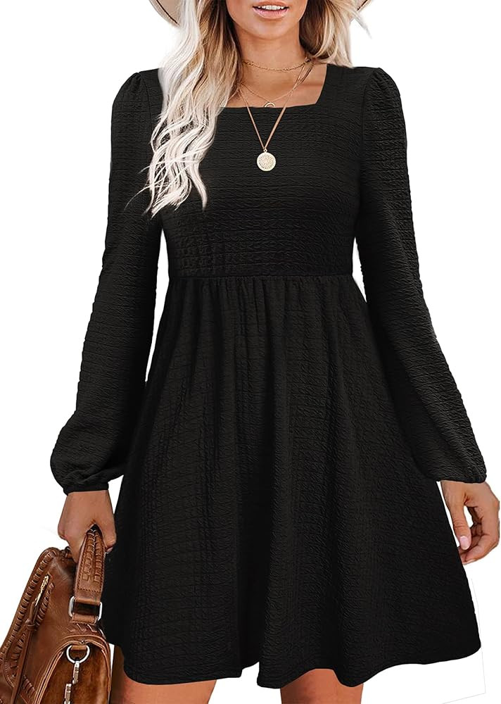 Womens Babydoll Dresses Square Neck Long Sleeve Knee Length Flowy Swing Shirring Mini Dresses Fal... | Amazon (US)