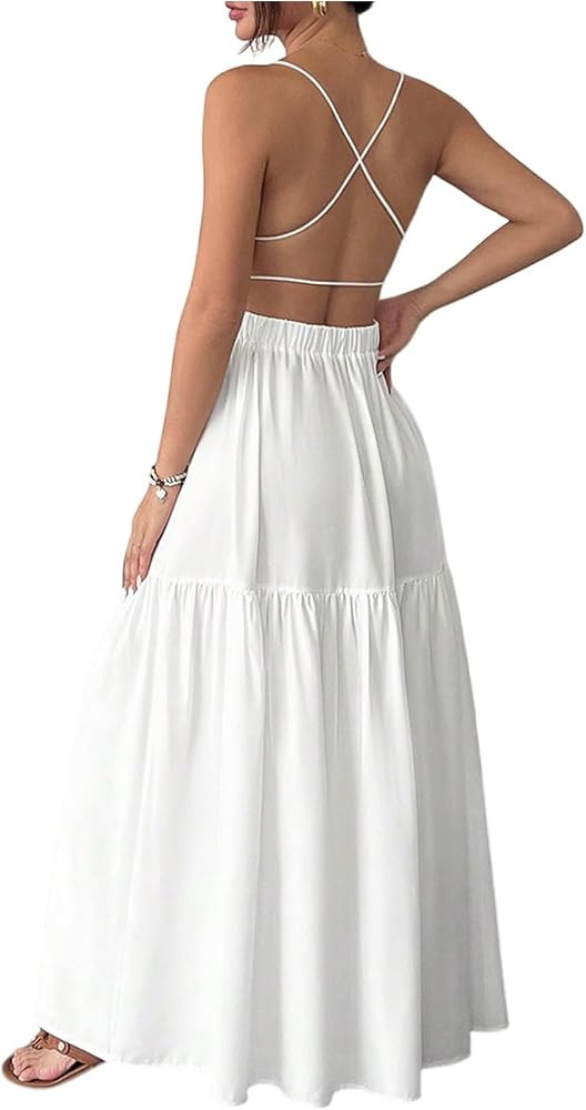 SOLY HUX Women's Summer Maxi Dress Criss Cross Backless Spaghetti Strap Ruffle Flowy Long Cami Dr... | Amazon (US)