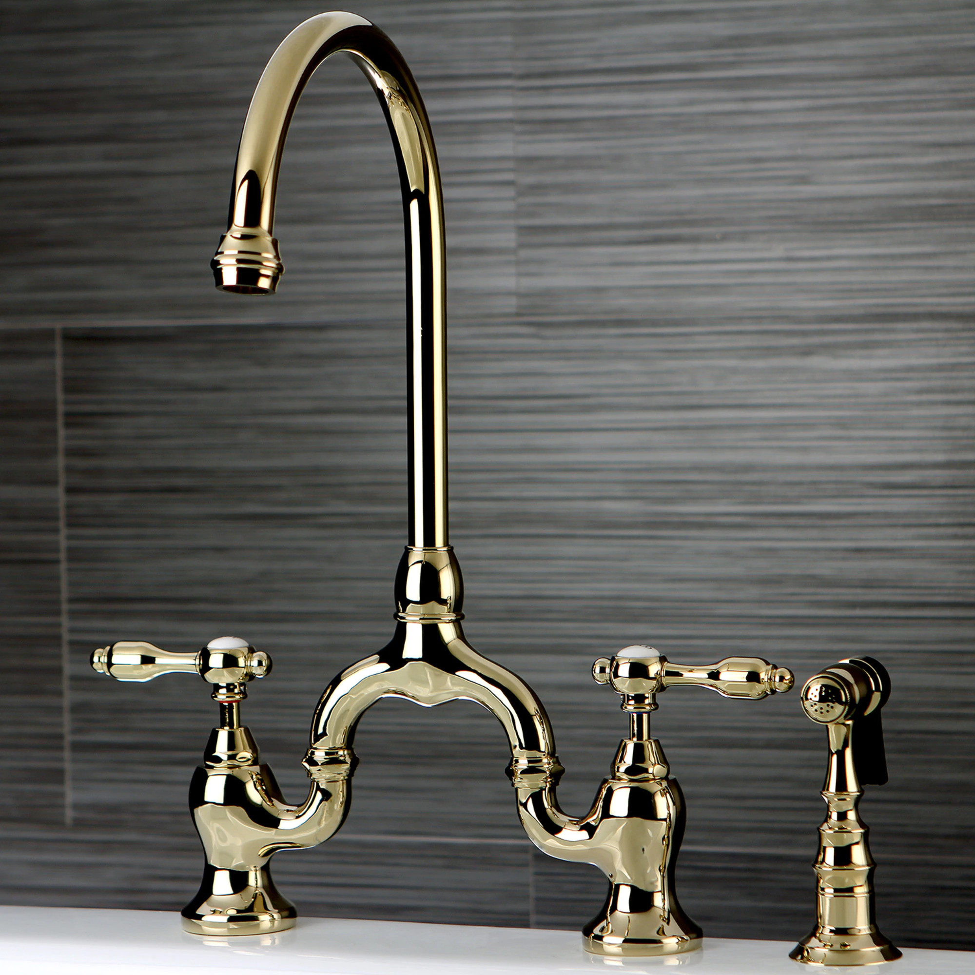 Kingston Brass Tudor Polished brass Single Handle Deck-mount Bridge Kitchen Faucet with Sprayer (Includes Side Sprayer) | WLKS7792TALBS | Lowe's