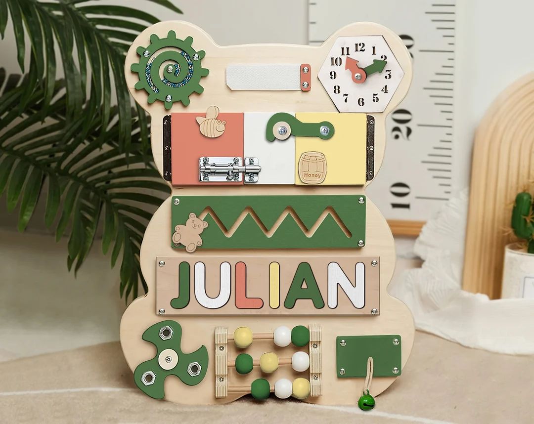 Kindlytoys | Personalized Bear Busy Board For Toddlers, Kids, Wooden Montessori Baby Toys, Custom... | Etsy (US)