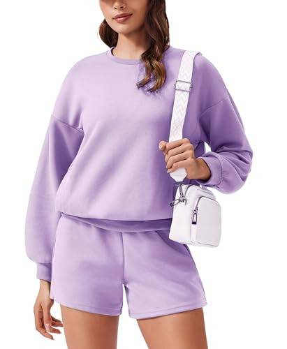 PINSPARK Women 2 Piece Outfits Sweatshirt Shorts Sets 2024 Fall Outfits Casual Sweat Set Sweatsuit Workout Tracksuit, Lavender Medium | Amazon (US)