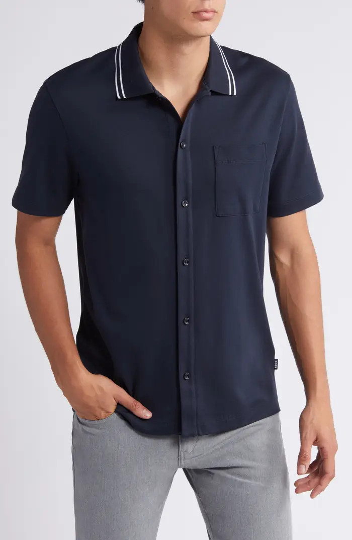 BOSS Powell Tipped Short Sleeve Knit Button-Up Shirt | Nordstrom | Nordstrom