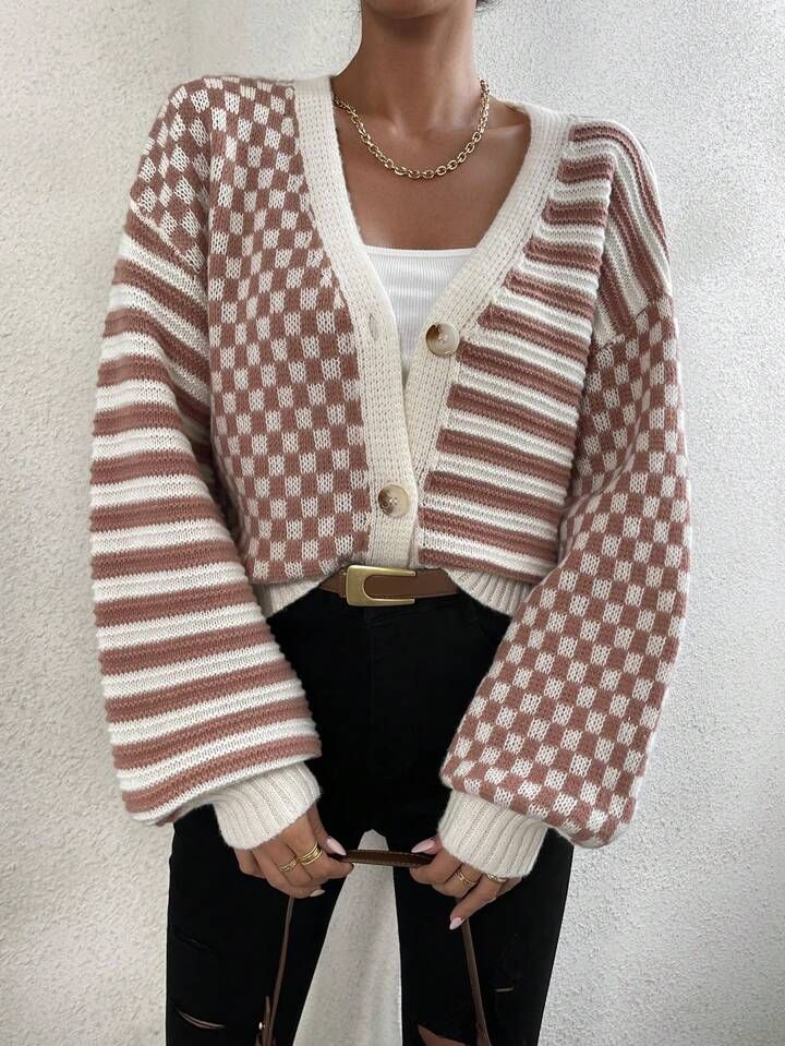 SHEIN Essnce Checker Pattern Drop Shoulder Cardigan | SHEIN