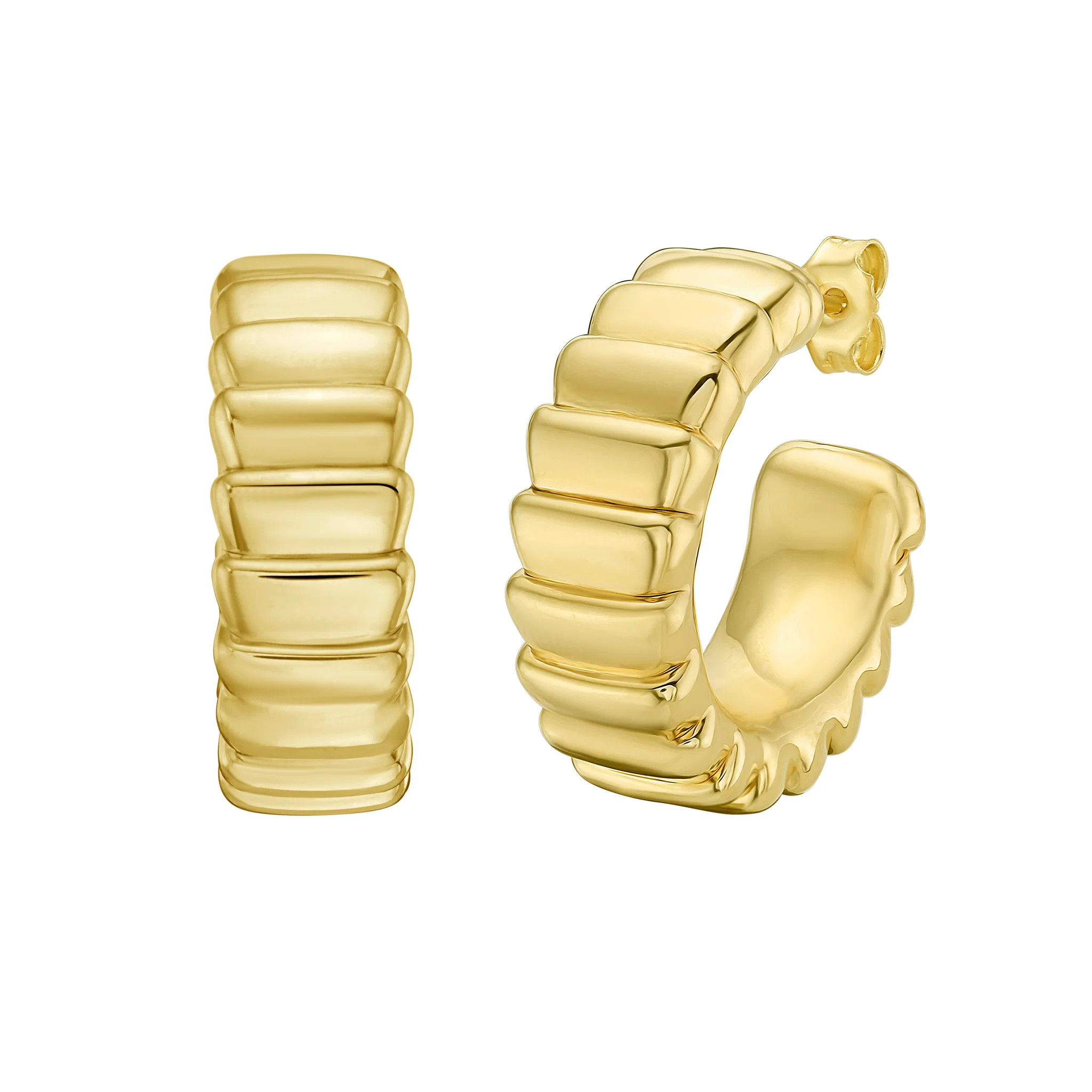 14K Solid Gold Ribbed C-Hoop Earrings – Sculptural, Timeless, Elegant | Goldmania