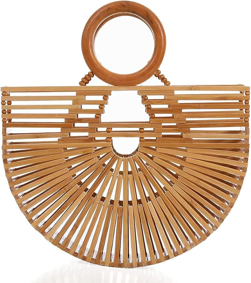Women's Top Handle Bamboo Handbag Summer Beach Tote Bag, Natural Bamboo Handmade Purse | Amazon (US)