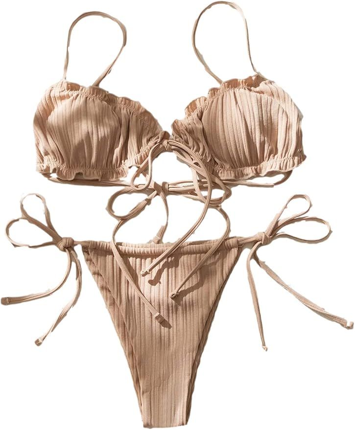 Lilosy Sexy Ribbed Padded String Thong Brazilian Bikini Swimsuit Set for Women Side Tie Knotted B... | Amazon (US)