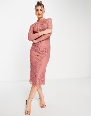 ASOS DESIGN lace pencil midi dress with lace trim in rose | ASOS (Global)